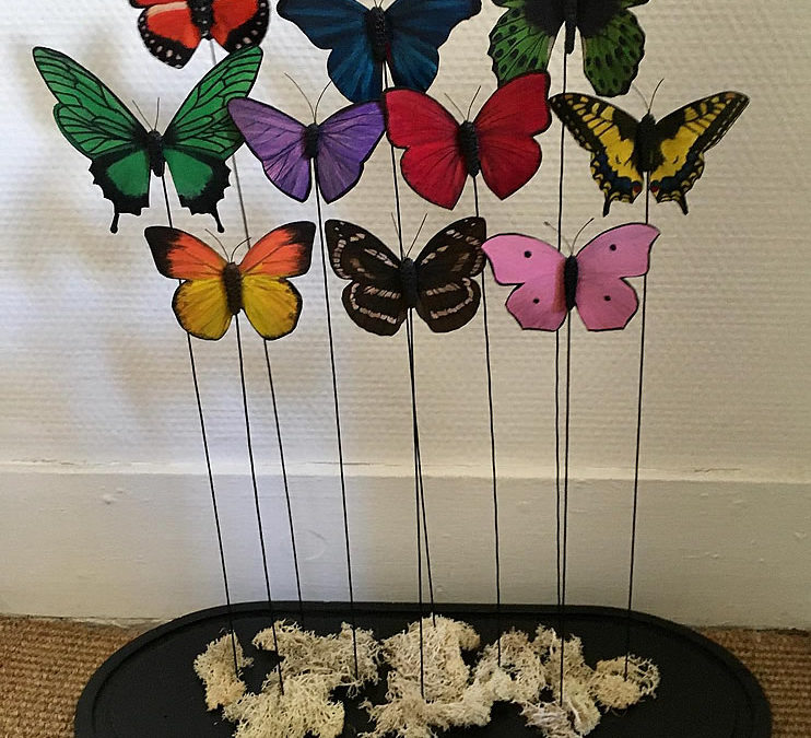 Papillons sur socle en bois ancien